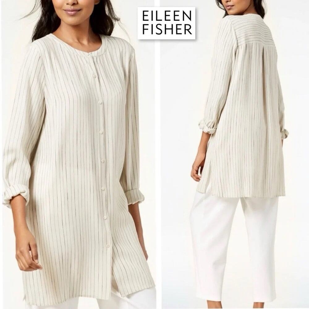 Eileen Fisher Silk Painterly Striped Button Front Tunic Shirt Blouse Petite Med